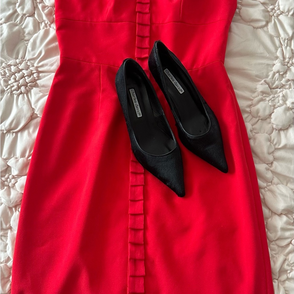 brand new 5.5 Charles David fur low kitten heel with a size 2  red dress